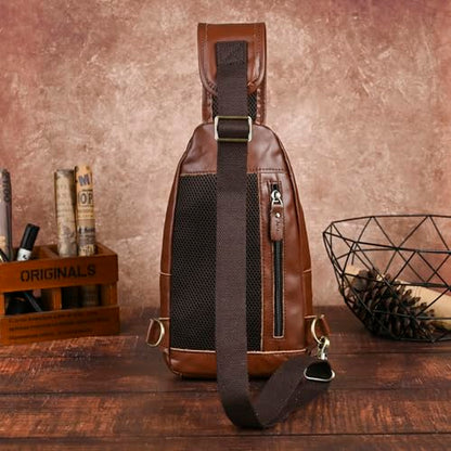 Genuine Leather Hiking Travel DayPack Sling Crossbody Triangle Chest Pack Bag For Men Women 8241 (E-Brown 2) - color: E-brown 2