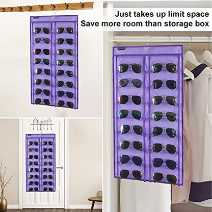Dual Sided Hanging Sunglasses Organizer Wall Eyeglass Holder Sunglass Rack for Home with 32 Dust Proof Pockets (32 Pockets-Purple) - color: 32 Pockets-Purple