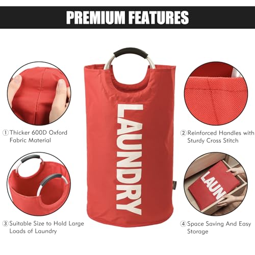 DOKEHOM 95L Large Laundry Basket, Collapsible Laundry Bag, Freestanding Tall Clothes Hamper, Foldable Washing Bin (Red) - color: Red, size: 95L