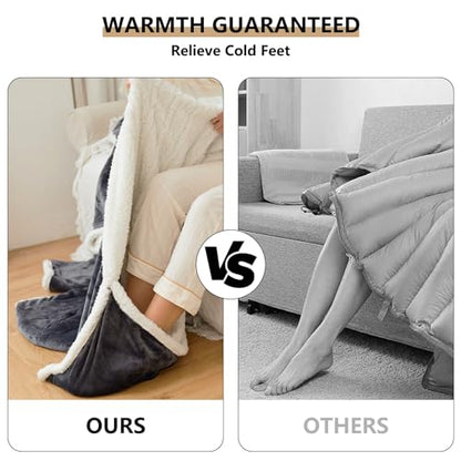 Heated Blanket Wearable Electric Blanket with Heated Foot Pocket, Portable Heated Blanket with Sleeves Flannel & Sherpa Heating Blanket with 6 Heating Levels & 1-10 Hour Timer, 51" * 71"+18", Grey
