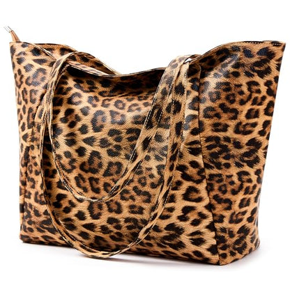 KALIDI Large Tote Bag Vegan Leather 16L Casual Zipper Work Weekender - color: Leopard a