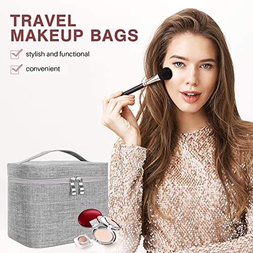 Large Makeup Bag Travel Makeup Cosmetic Bag Case Organizer Makeup Pouch with Mesh Bag Makeup Brush Holder Bag Toiletry Bags for Women - Grey - color: Grey