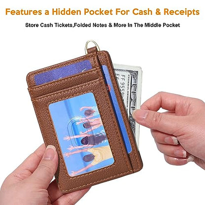 Badiya Credit Card Holder Slim Minimalist Wallet, Front Pocket Purse RFID Blocking Wallet Compact Card Case with ID Window for Women & Men - color: 2-Lychee-Brown
