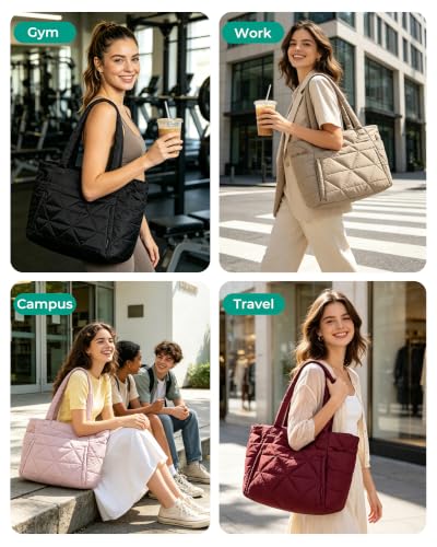 BAGSMART Tote Bag for Women, Puffer Tote Bag for Work Large Shoulder Bag - color: F-pink
