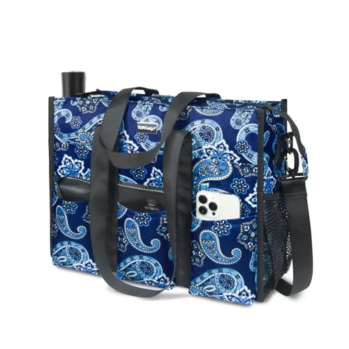 TOPDesign Utility Water Resistant Tote Bag with 22 Pockets, Zipper Closure - color: Blue Bandanna, size: Medium