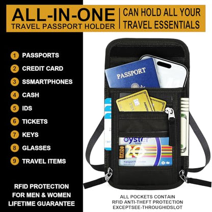 Neck Wallet for Travel-Passport Holder-Money Pouch-RFID Blocking - color: Black