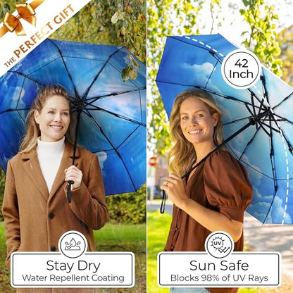 TUMELLA Strongest Windproof Travel Umbrella (Compact, 100MPH Wind-Tested), Light, Portable, One-Handed Use, Automatic Folding Rain Umbrella, Durable, Premium Grip, Fits Car & Backpack - color: 1-pack Blue Skies