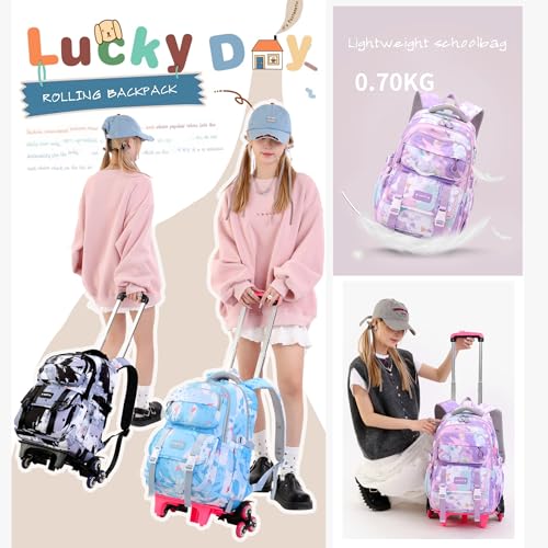 Kids Rolling Backpack for Girls School Bag with Wheels, 6-Wheel Pink - color: 6 Wheels Pink