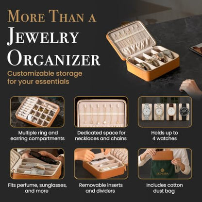 Luxury Travel Jewelry Organizer for Men & Women, Large Customizable Case - color: Brown