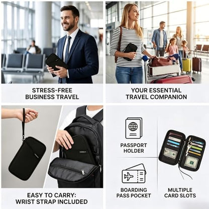 Travel Document Holder RFID Blocking Passport Organizer Family Multi Pocket - color: All-Black