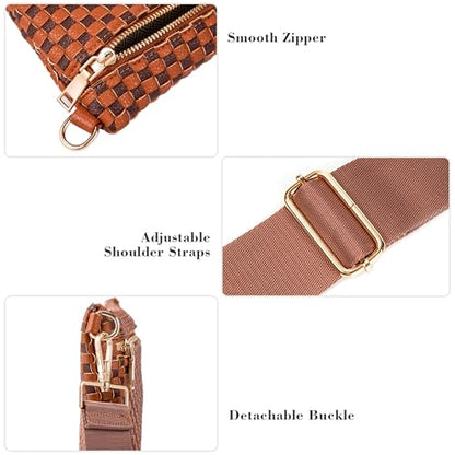 Woven Crossbody Bag for Women, Checkered PU Bum Bag Sling Purse with Adjustable Strap for Travel, Festivals - color: Brown and Coffee Checkered Woven