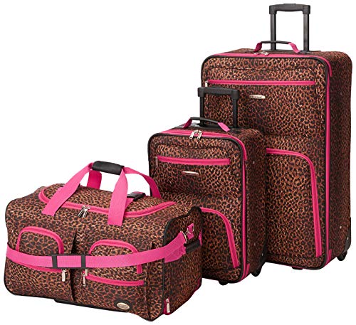 Rockland Vara Softside 3 Piece Upright Luggage Set, Expandable, (20"/28"/22" Rolling Duffel), Pink Leopard - color: Pink Leopard
