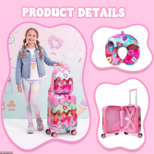 Kids 4 Piece Luggage Set 16" Hard Shell Suitcase Cute Ice Cream Pattern, Rolling Wheels Travel Gift for Girls - color: Pink Ice Cream