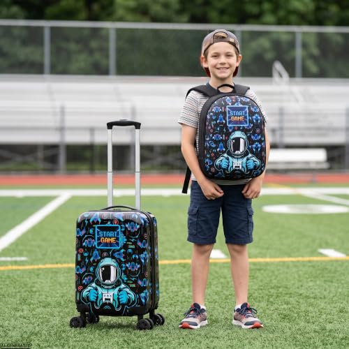 Kids Luggage with Spinner Wheels Set, 3Pcs Kids Astronaut Suitcase Set, Carry on Luggage Hardside Boysand U shaped Pillow, Toddler Rolling Suitcase for Travel, Airline Approved - color: Black E
