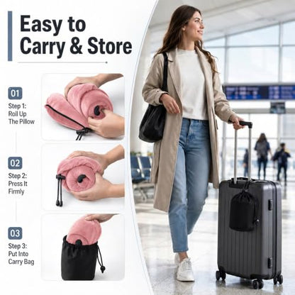 Travel Neck pillow for Airplane, with Large Hood Eye Mask Earplug and Bag - color: Pink