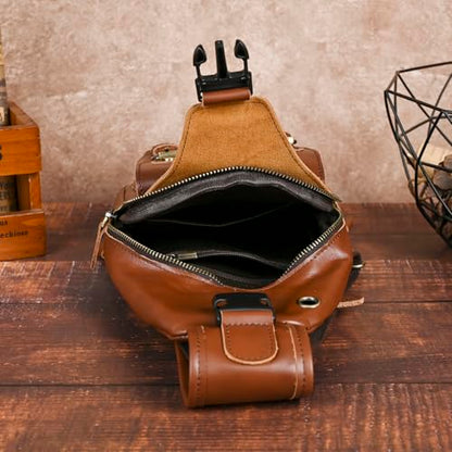 Genuine Leather Hiking Travel DayPack Sling Crossbody Triangle Chest Pack Bag For Men Women 8241 (E-Brown 2) - color: E-brown 2