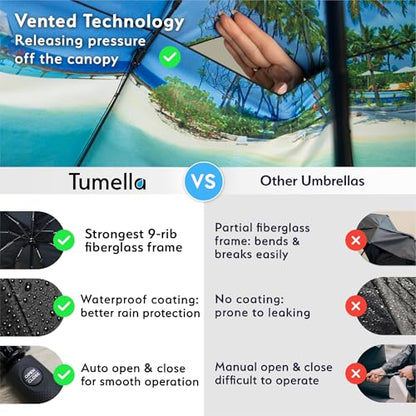 TUMELLA Strongest Windproof Travel Umbrella (Compact, 100MPH Wind-Tested), Light, Portable, One-Handed Use, Automatic Folding Rain Umbrella, Durable, Premium Grip, Fits Car & Backpack - color: Beach Life