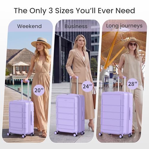 SHOWKOO G-Series Luggage set 3pcs, 100% PC Durable Hardshell Suitcase - color: Lavender Purple, size: 3-Piece Set (20/24/28in)