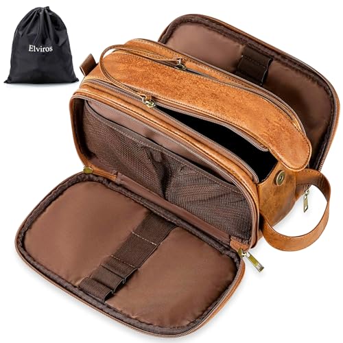 Elviros Toiletry Bag for Men PU Leather Shaving Dopp Kit (Large,Brown) - color: Brown, size: Large (Pack of 1)