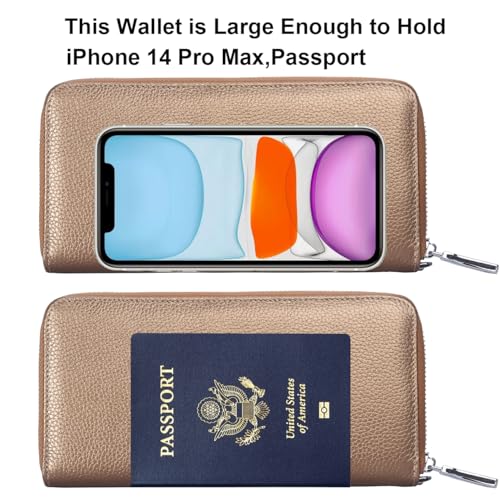 Lavemi Women's RFID Blocking 100% Leather Large Capacity Zip Around Wallet Phone Holder Clutch Travel Purse Wristlet(Large Size Pebbled Brown Gold) - color: 1- Pebbled Brown Gold, size: One Size
