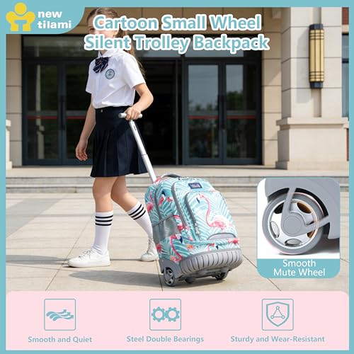NEW TILAMI 18 Inch Rolling Backpack with Lunch Bag for Girls Boys School - color: Flamingo