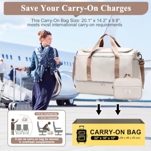 Travel Duffle Bag with Shoes Compartment,Carry-On Weekender Bags for Women - color: Beige & Brown with Toiletry Bag, size: Large