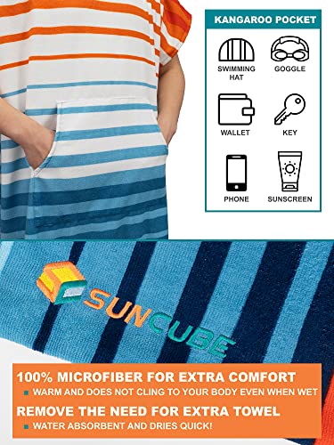 SUN CUBE Surf Poncho Changing Robe with Hood, Wetsuit Changing Hooded Towel - color: Orange Stripe