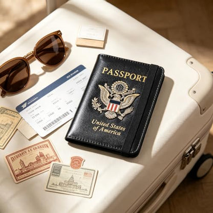 Premium Passport Holder for Travel RFID Blocking Passport Cover Slim - color: Black
