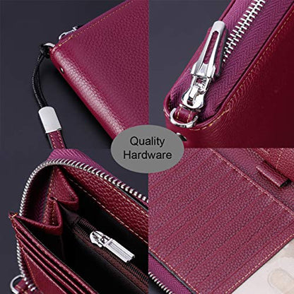 Lavemi Women's RFID Blocking 100% Leather Large Capacity Zip Around Wallet Phone Holder Clutch Travel Purse Wristlet(Large Size Pebbled Dark Magenta) - color: 1- Pebbled Dark Magenta, size: One Size