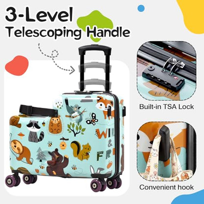 20" Kids Ride On Suitcase, Lightweight Hardshell Travel Luggage with Wheels - color: Green
