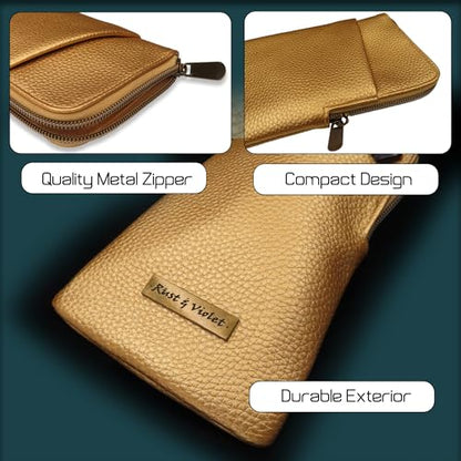Soft Double Glasses Case, Portable Zipper Sunglasses Sleeve, Dual Eyeglasses Holder Pouch & Cloth Men Women - color: Gold