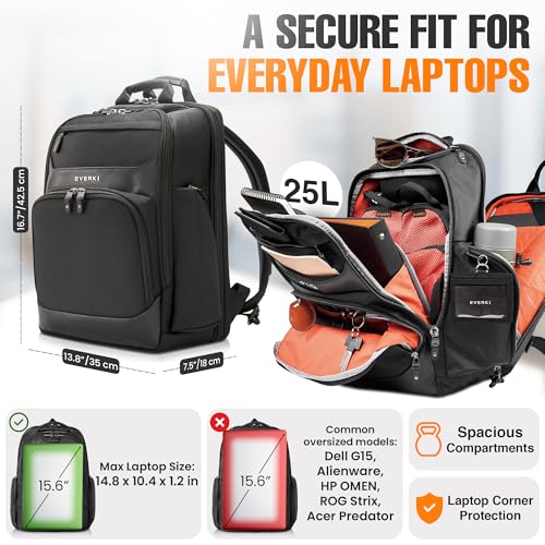 EVERKI Onyx Business Travel Backpack with Laptop Compartment, Black - 25 L - color: Black, size: 25 Liters