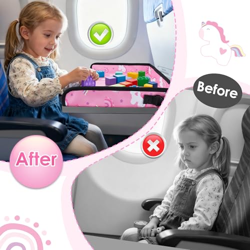 Kids Travel Tray Table Cover with Pockets – Airplane Essentials for Toddlers, Portable Activity Organizer for Plane, Train Car & Highchair, Machine Washable (Pink)