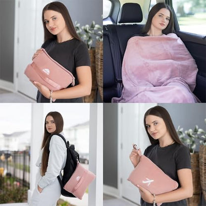 BlueHills Premium Soft Plush Mini Travel Blanket Pillow Car Dusty Rose Pink - color: Pink-m02