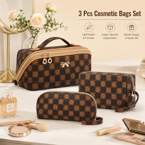 YTL Makeup Bag Travel Cosmetic Bag PU Leather Toiletry Case Pouch for Women - color: Checked Coffee