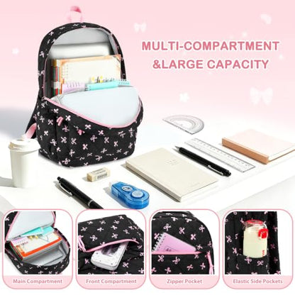 Quilted Backpack for Girls with Lunch Box Pencil Case - color: Black Bows