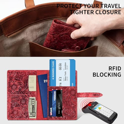 Genuine Leather Passport Holder Travel Bifold Wallet | For Men And Women Slim RFID Blocking Red - color: Red