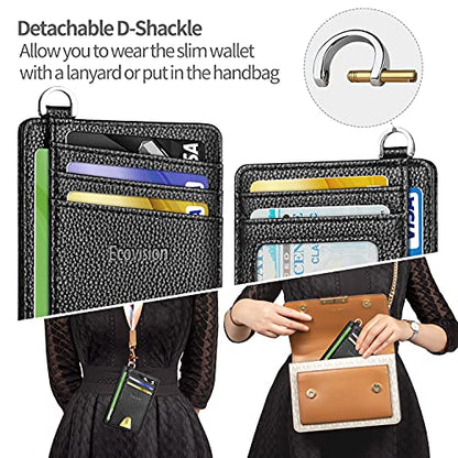 Slim Minimalist Front Pocket Wallet, RFID Blocking Credit Card Holder Wallet with Integrated D-Shackle for Men Women - color: Litchi Black