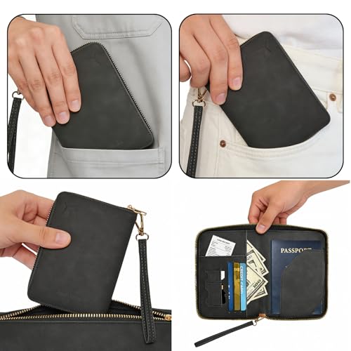 Passport Holder for Travel Wallet,RFID Detachable Wrist Strap Wallet | Leather Travel Card Sleeve for Men Women - color: Black