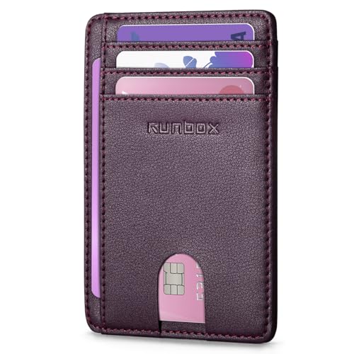 RUNBOX Slim Wallet for Men and Women, RFID Blocking Leather Card Holder - color: Purple Plums