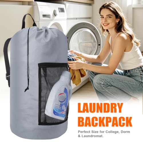 Laundry Backpack Portable Travel Laundry Bags with Straps and Mesh Pocket - color: Gray, size: 1 Pack