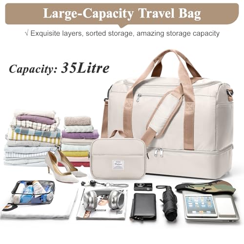 Travel Duffel Bag,Carry-On Overnight Weekender Bags with Shoes Compartment - color: Beige & Brown with Toiletry Bag, size: Small