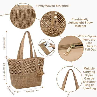 YAMEIZE Straw Woven Beach Shoulder Bags for Women Big Foldable Straw Tote bag Lightweight Raffia Bag with Zipper Summer - color: Khaki