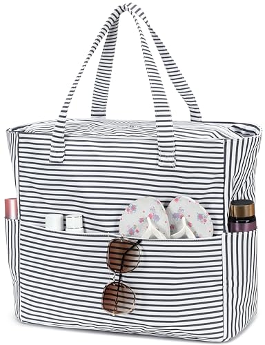 LEDAOU Beach Bag Waterproof Sandproof Women Beach Tote Pool Bag with Zipper for Swim Gym Grocery Travel with Wet Pocket - color: Light Black White