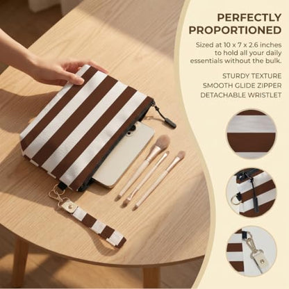 Fokongna Makeup Bag with Keychain Wristlet, Brown Stripes - color: Brown Stripes