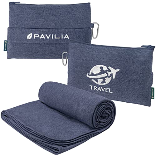 PAVILIA Travel Blanket Airplane Compact Pillow with Bag for Flights, Navy - color: Navy