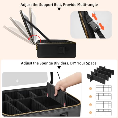 15“×11“Professional Makeup Train Case,Large Waterproof Travel Makeup bag with Mirror and Light, Leather Black Make up Bag with Mirror and Light,Led Makeup Case with Adjustable Dividers - color: Black, style: Non-removable