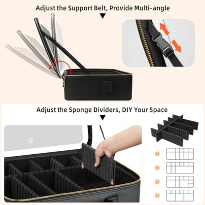 15“×11“Professional Makeup Train Case,Large Waterproof Travel Makeup bag with Mirror and Light, Leather Black Make up Bag with Mirror and Light,Led Makeup Case with Adjustable Dividers - color: Black, style: Non-removable