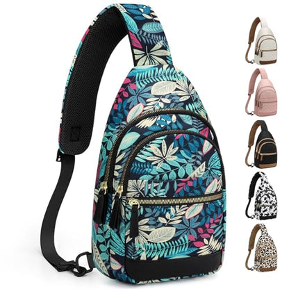 Capolo Crossbody Bags for Women Waterproof Sling Shoulder Bag Fanny Pack - color: Blue Leaves, size: Medium