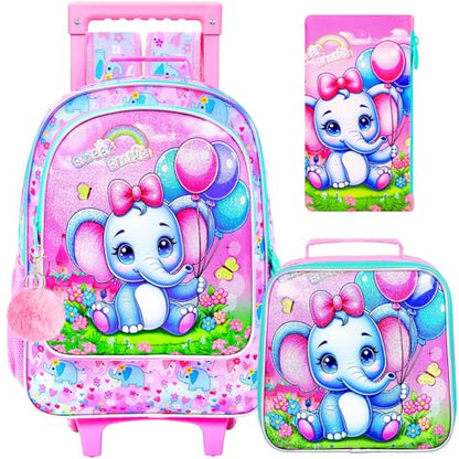 WZLVO 4PCS Rolling Backpack for Girls, Kids Roller School Bookbag with wheels, Elephant Water Resistant Wheeled Backpacks set for Teens Elementary Trave - color: Pink Elephant